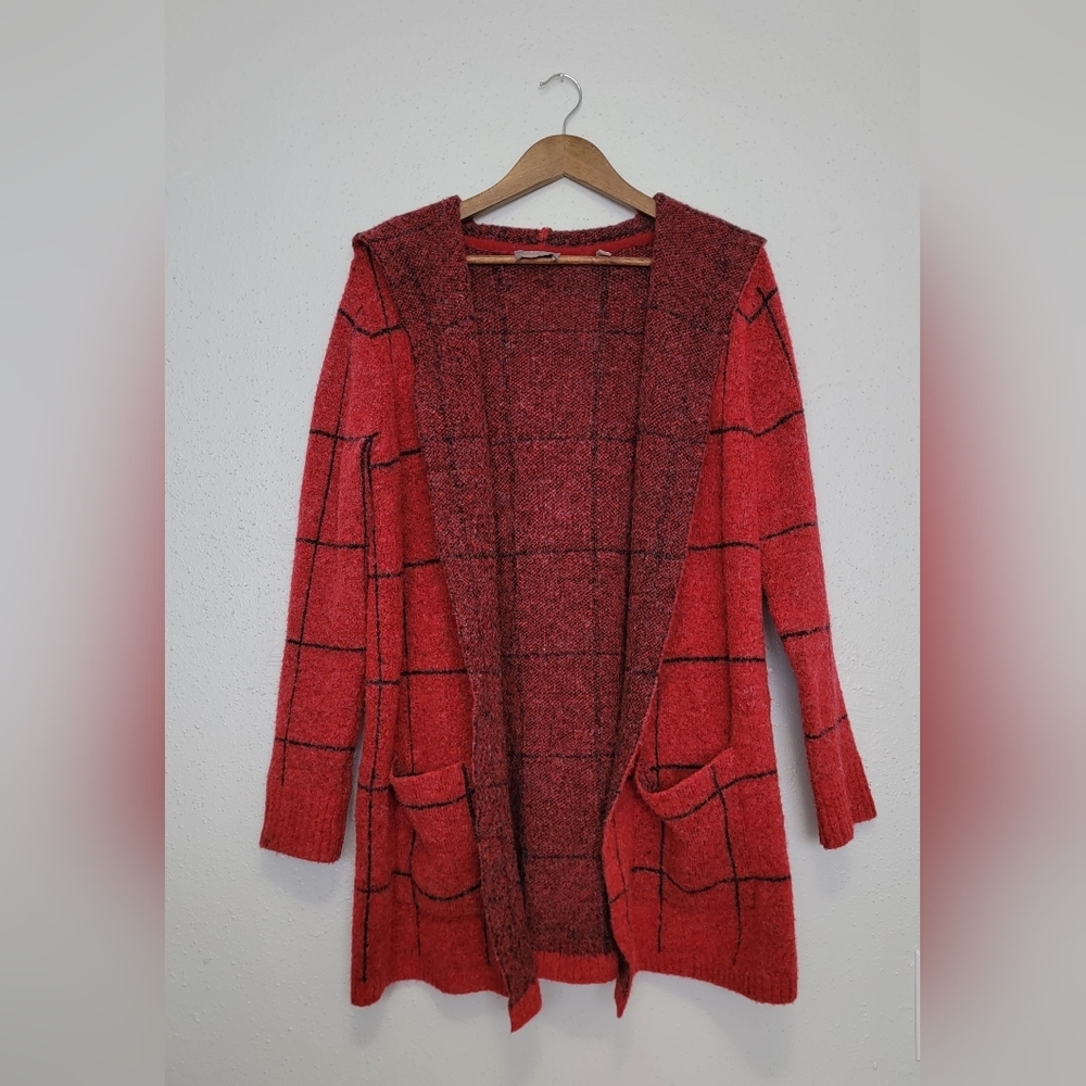 Cyrus Red Windowpane Hooded Open Cardigan Sweater